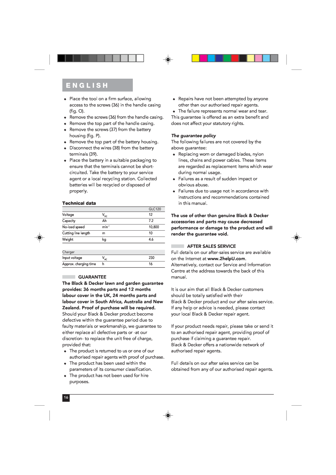 Black & Decker GLC120 manual The guarantee policy, E N G L I S H, Technical data 
