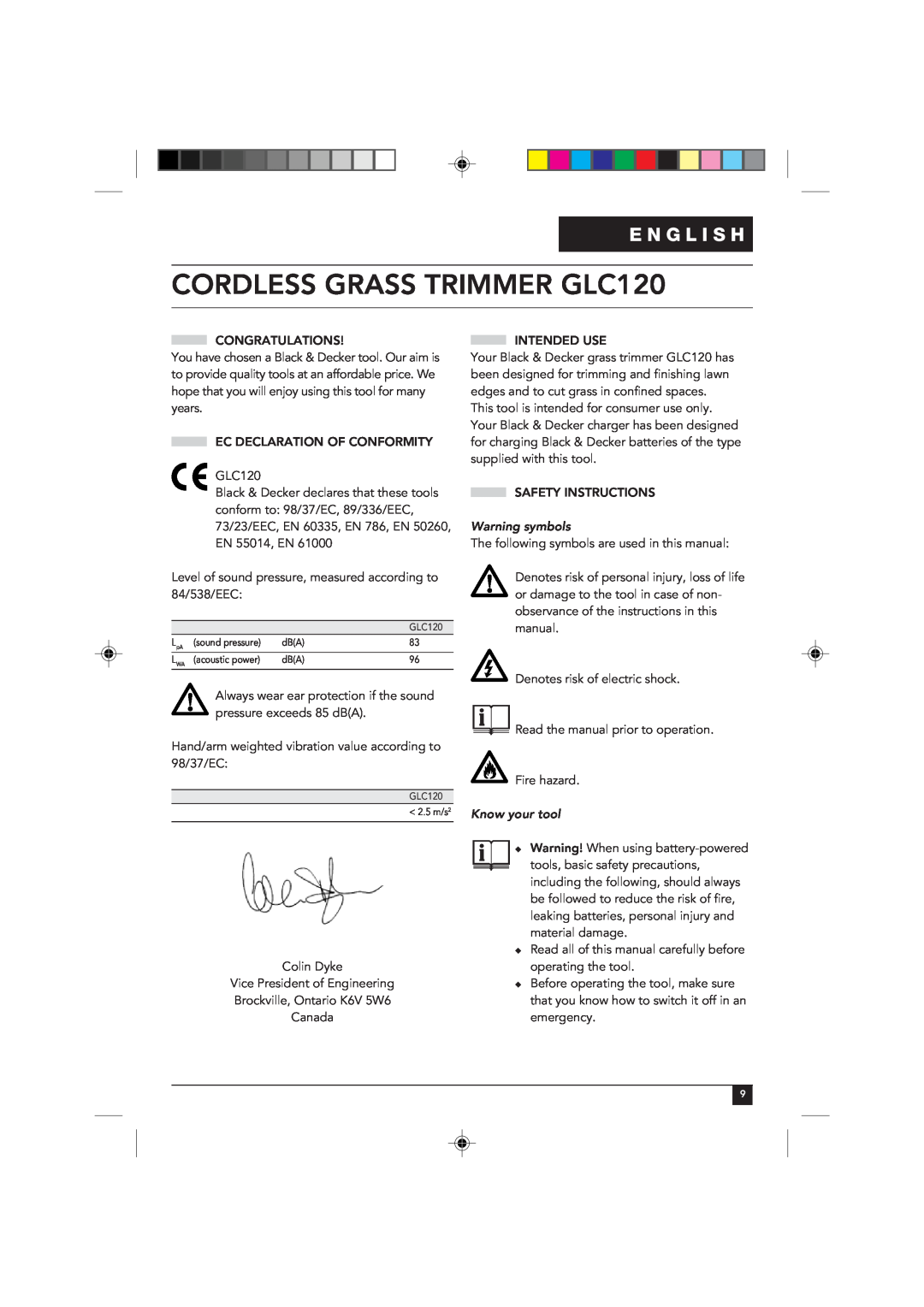 Black & Decker manual E N G L I S H, Warning symbols, Know your tool, CORDLESS GRASS TRIMMER GLC120 