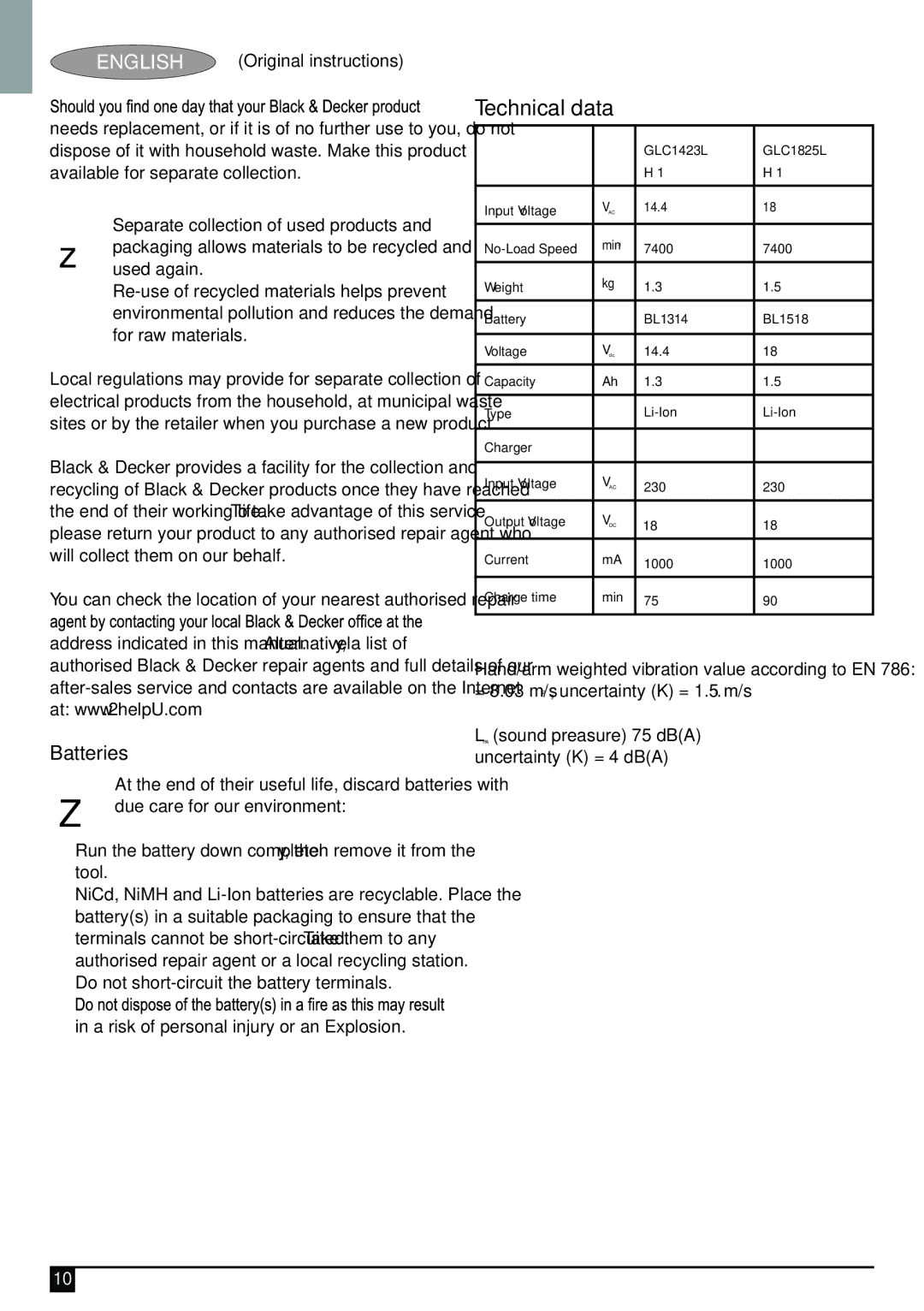 Black & Decker GLC1423L, GLC1825L manual Technical data, Batteries 