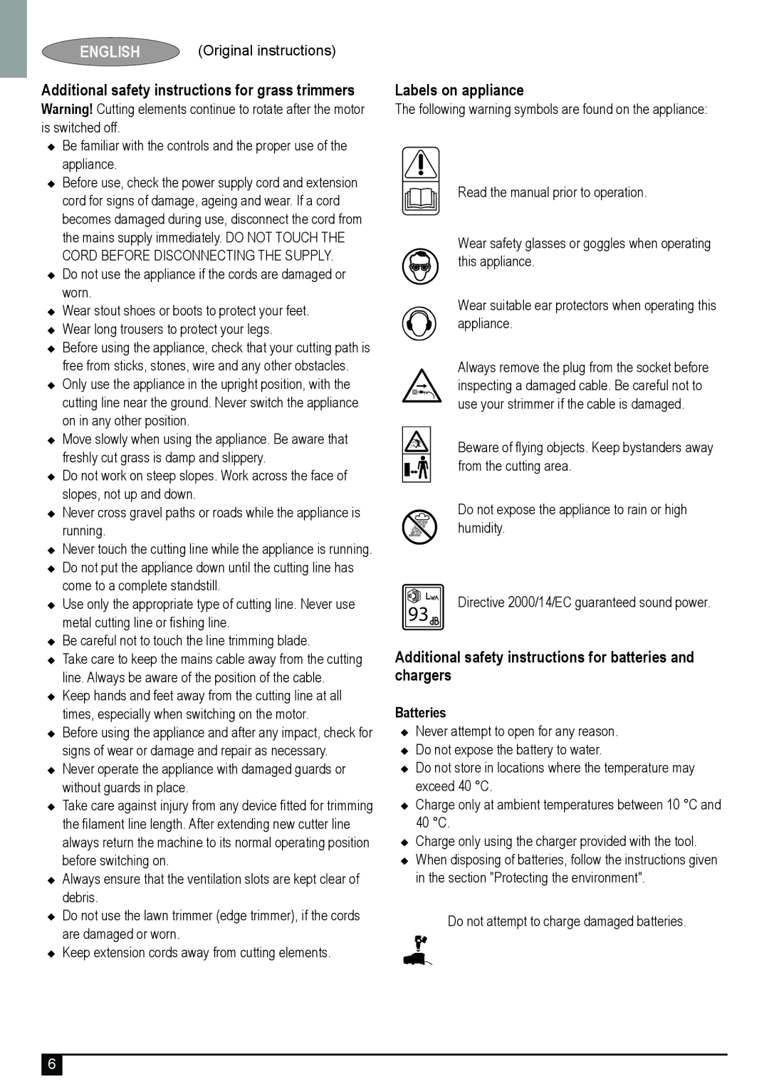 Black & Decker GLC1423L, GLC1825L manual Additional safety instructions for grass trimmers, Labels on appliance 