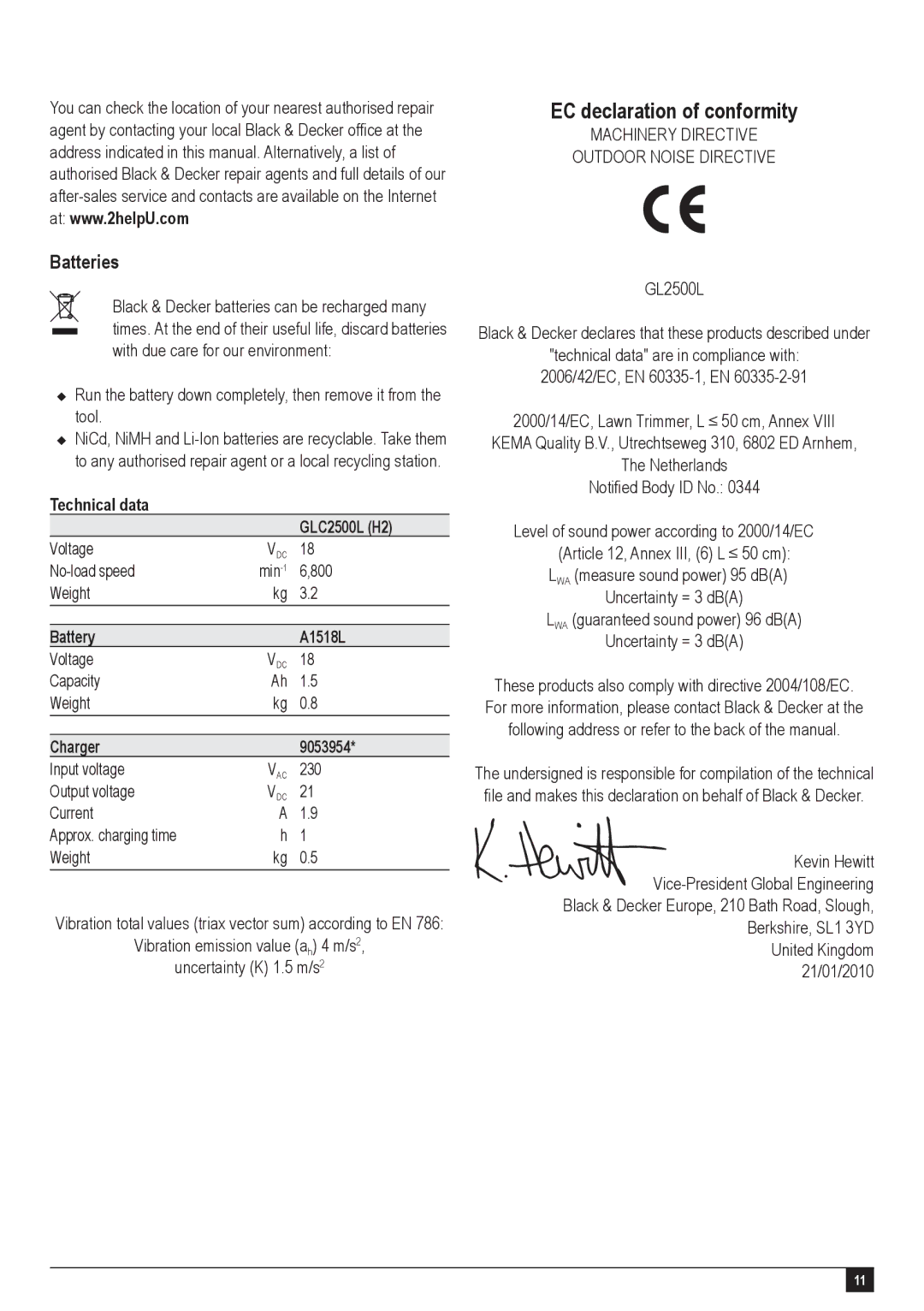 Black & Decker EC declaration of conformity, Batteries, Technical data GLC2500L H2, Battery A1518L, Charger 9053954 