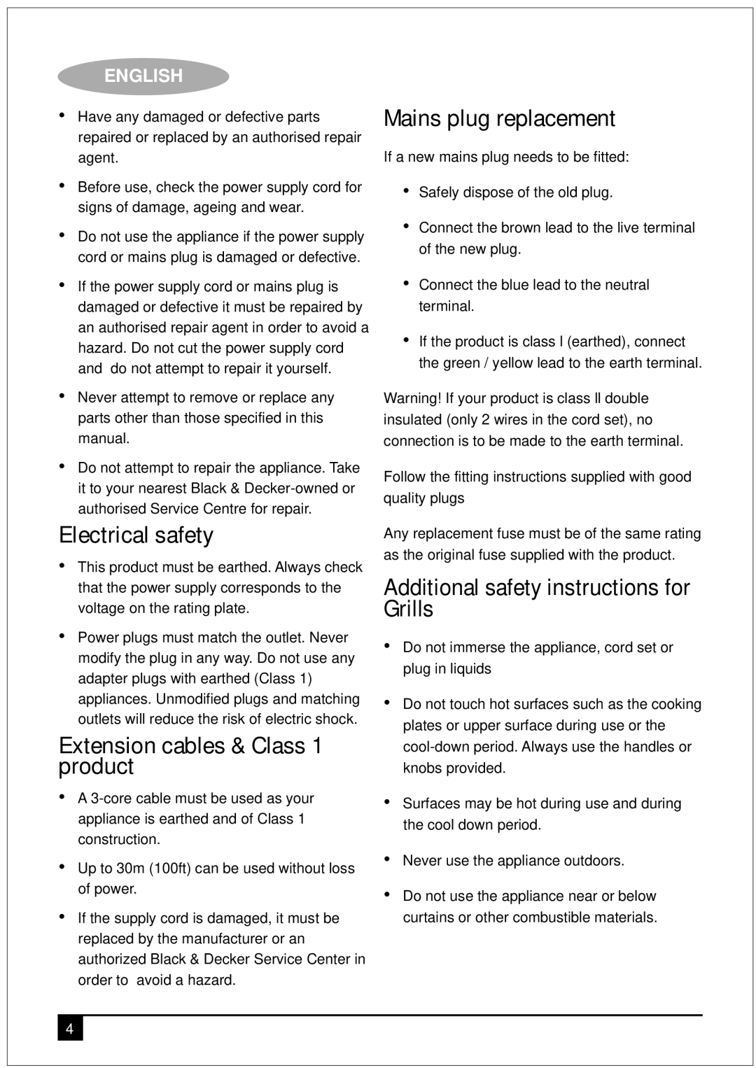 Black & Decker GM1750 manual Electrical safety, Extension cables & Class 1 product, Mains plug replacement 