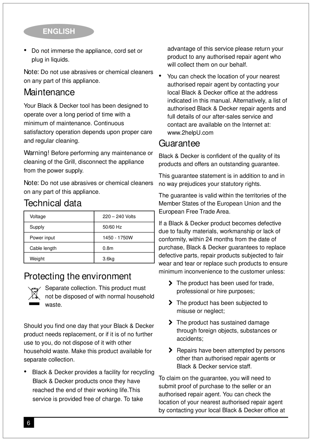 Black & Decker GM1750 manual Maintenance, Technical data, Protecting the environment, Guarantee 