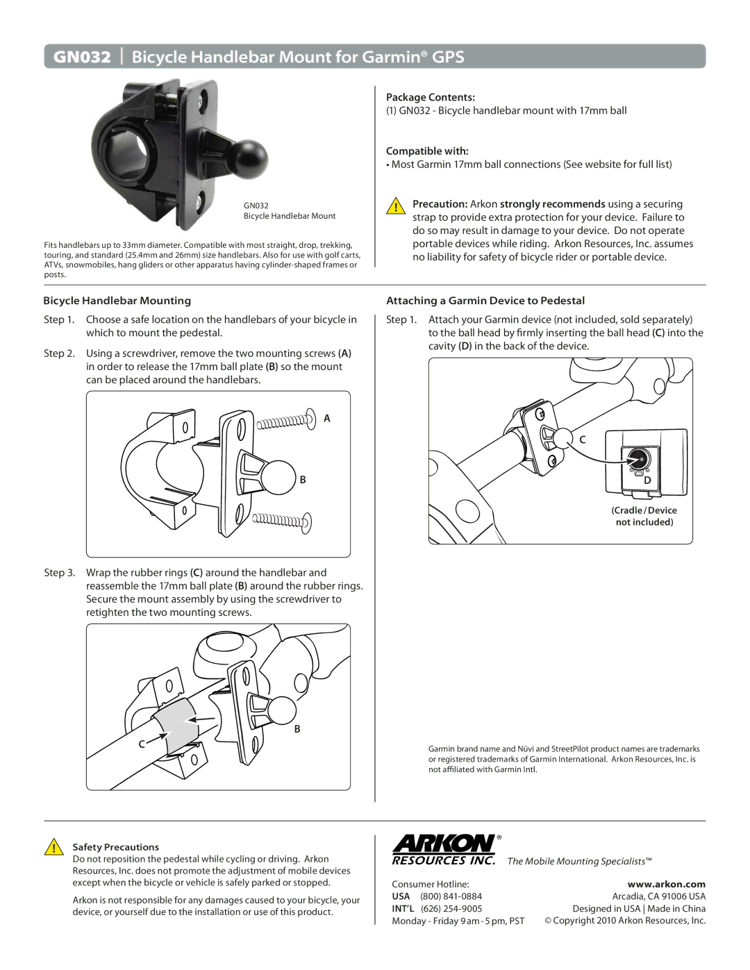 Black & Decker manual GN032 Bicycle Handlebar Mount for Garmin GPS, Package Contents, Compatible with 