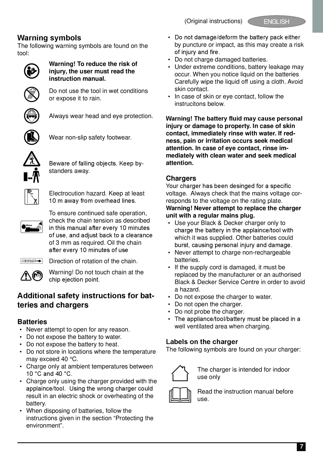 Black & Decker GPC1800L manual Additional safety instructions for bat- teries and chargers, Batteries, Chargers 