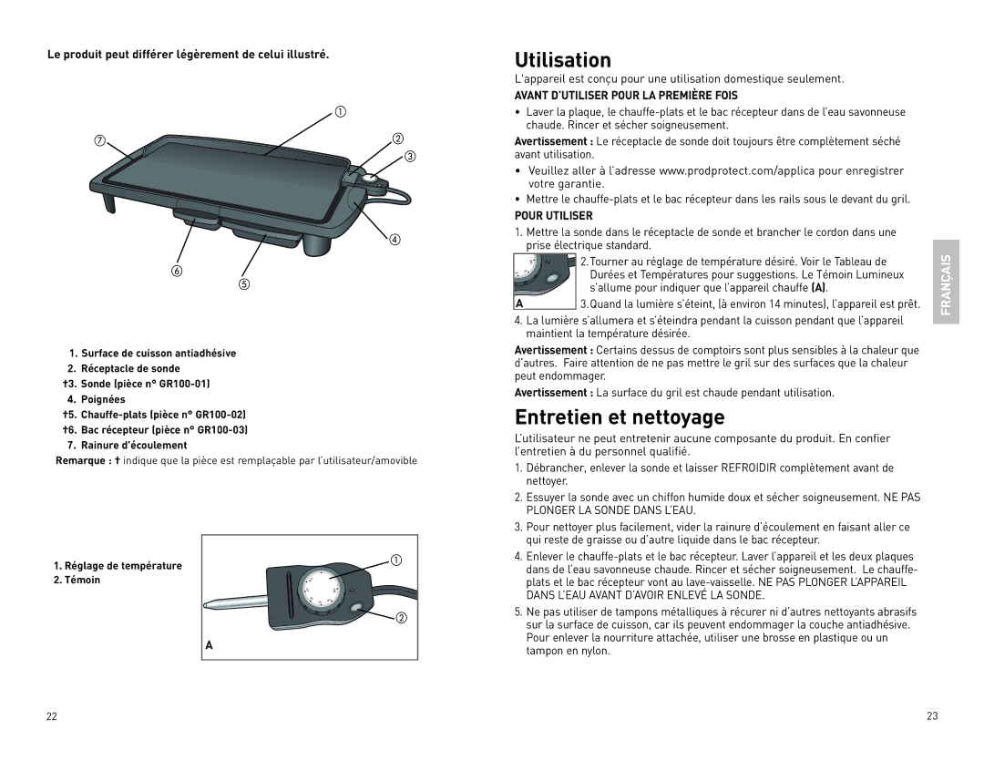 Black & Decker GR100 manual Utilisation, Entretien et nettoyage, Avant D’UTILISER Pour LA Première Fois, Pour Utiliser 