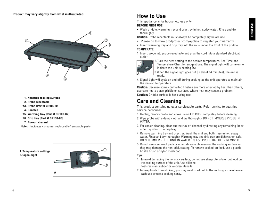 Black & Decker GR100 manual How to Use, Care and Cleaning, Before First USE, To Operate, Water 