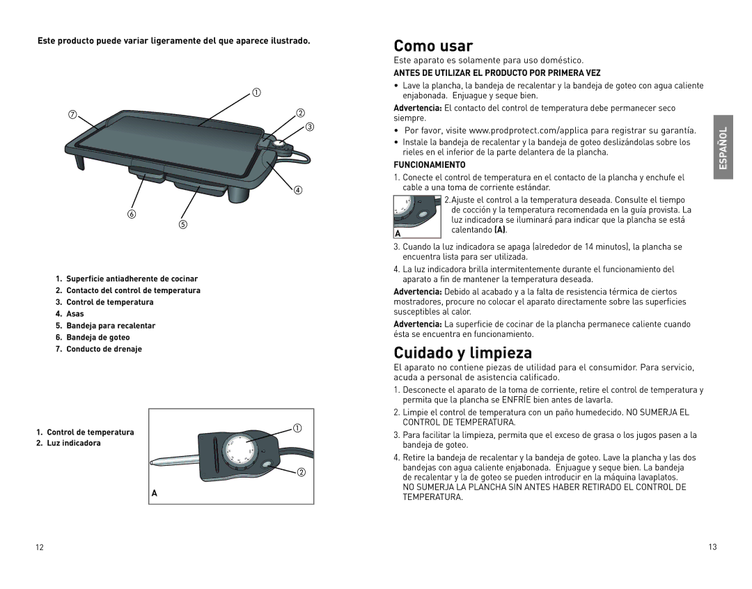 Black & Decker GR100 manual Como usar, Cuidado y limpieza, Antes DE Utilizar EL Producto POR Primera VEZ, Funcionamiento 