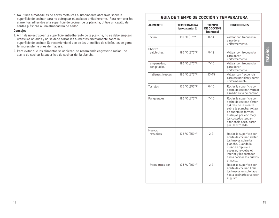 Black & Decker GR100 manual Guia DE Tiempo DE Cocción Y Temperatura, Alimento Temperatura Tiempo Direcciones 