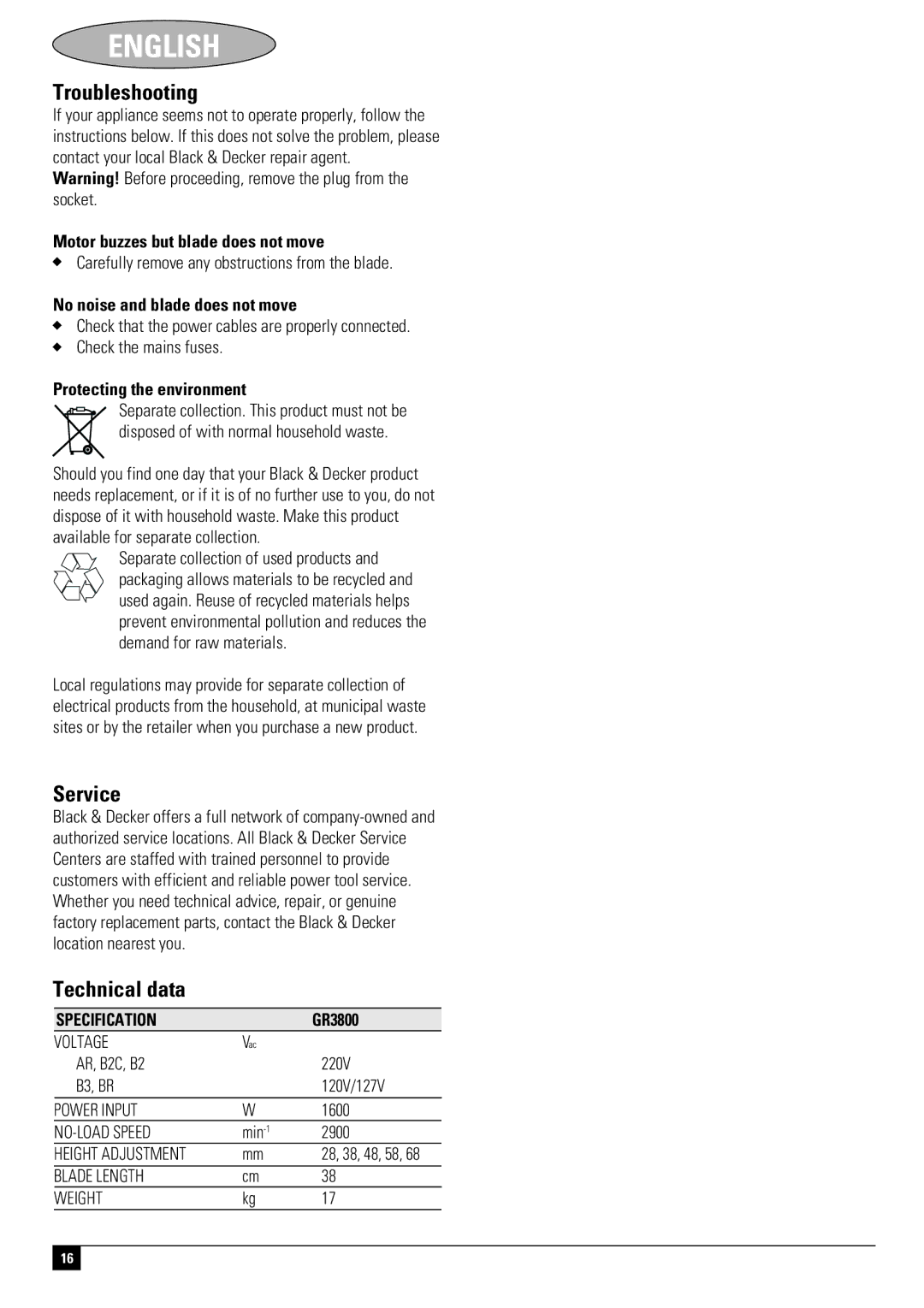 Black & Decker GR3800, 661817-00 instruction manual Troubleshooting, Service, Technical data 