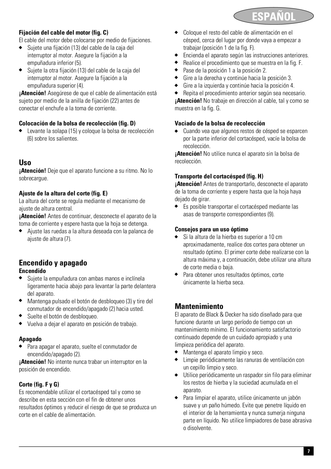 Black & Decker 661817-00, GR3800 instruction manual Uso, Encendido y apagado, Mantenimiento 