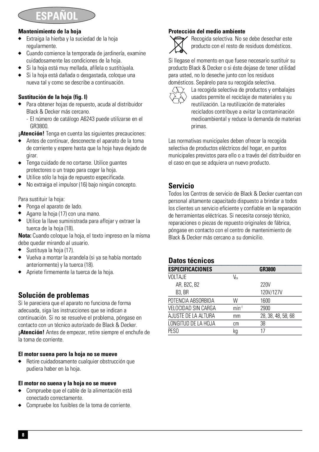 Black & Decker GR3800, 661817-00 instruction manual Solución de problemas, Servicio, Datos técnicos 