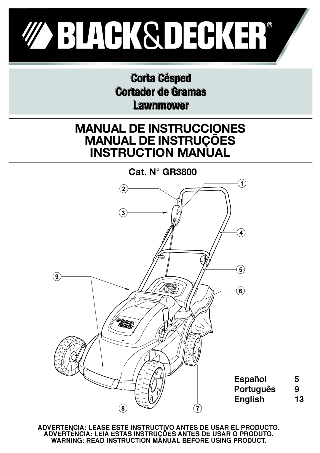 Black & Decker 661817-00 instruction manual Corta Césped Cortador de Gramas Lawnmower, Cat. N GR3800 