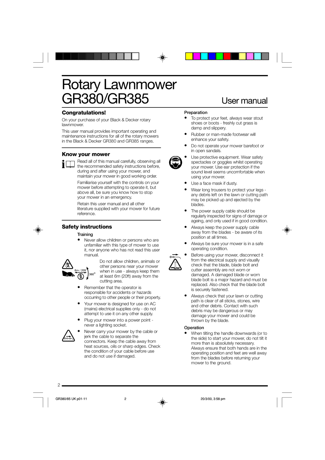 Black & Decker GR385, GR380/85 manual Congratulations, Know your mower, Safety instructions 