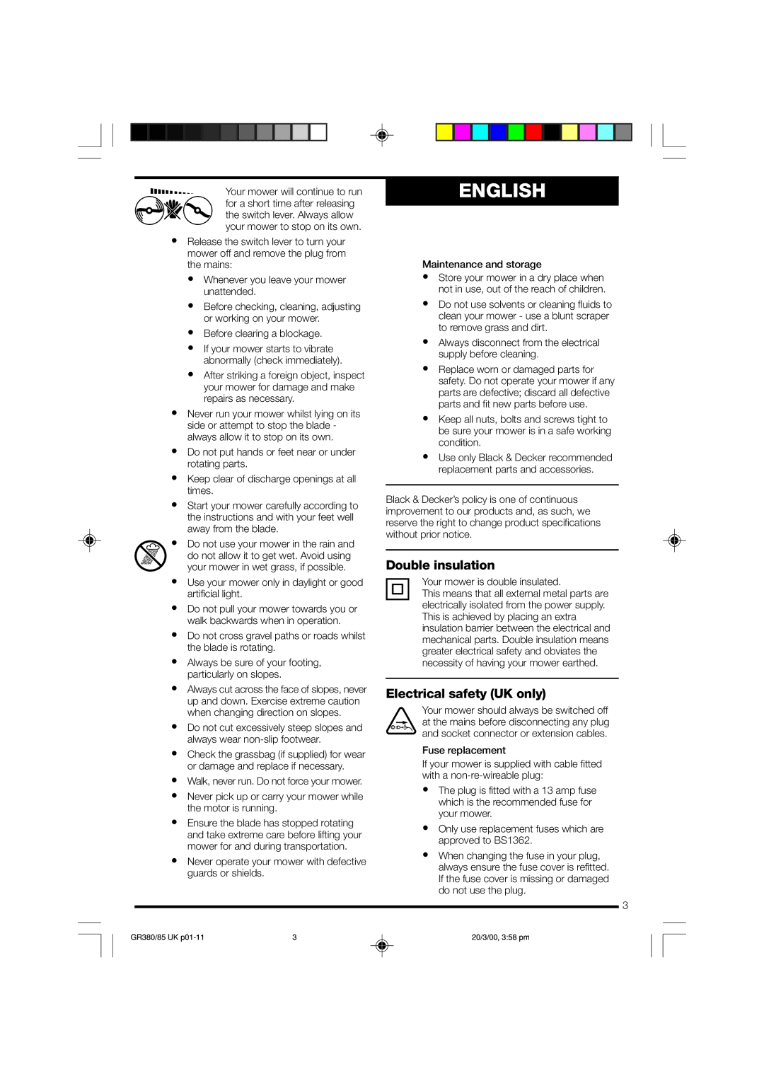 Black & Decker GR380/85, GR385 manual Double insulation, Electrical safety UK only 