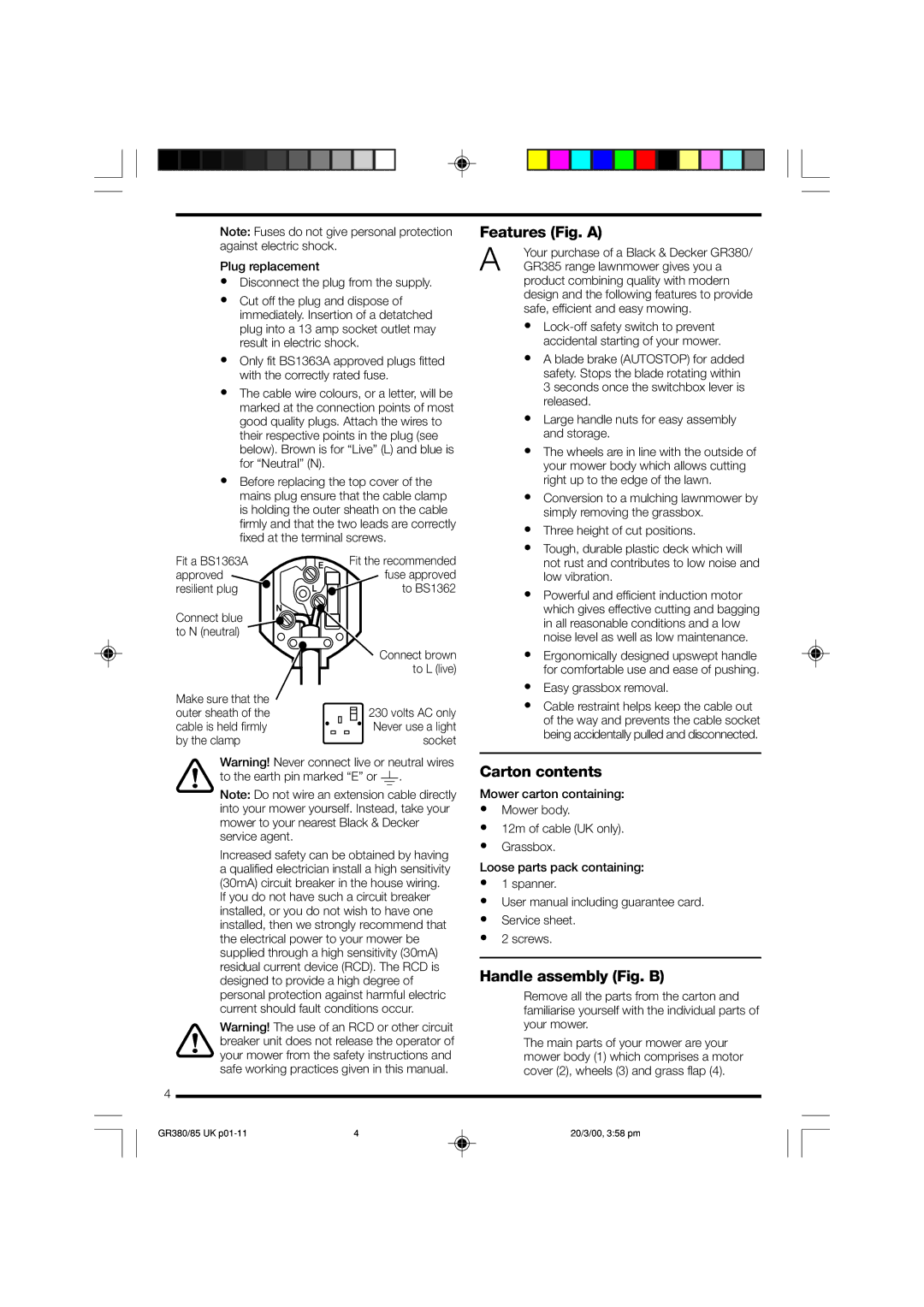 Black & Decker GR385, GR380/85 manual Features Fig. a, Carton contents, Handle assembly Fig. B 