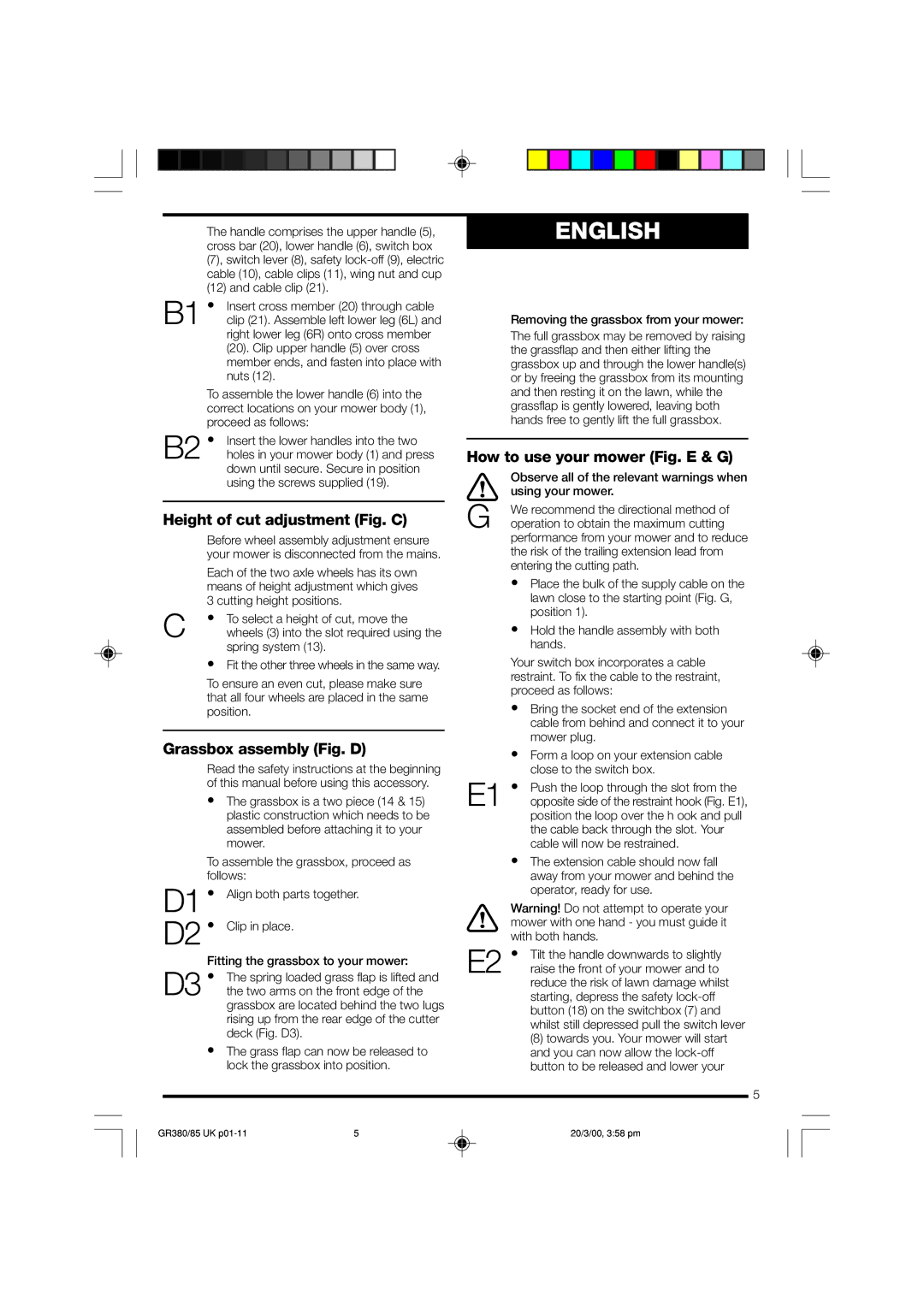 Black & Decker GR380/85, GR385 Height of cut adjustment Fig. C, Grassbox assembly Fig. D, How to use your mower Fig. E & G 