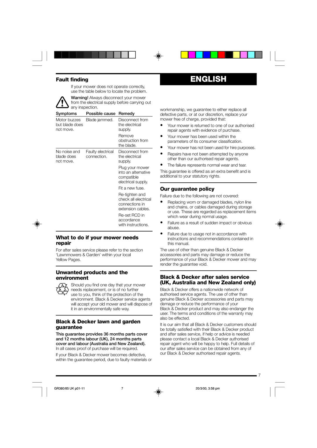 Black & Decker GR380/85, GR385 Fault finding, What to do if your mower needs repair, Unwanted products and the environment 