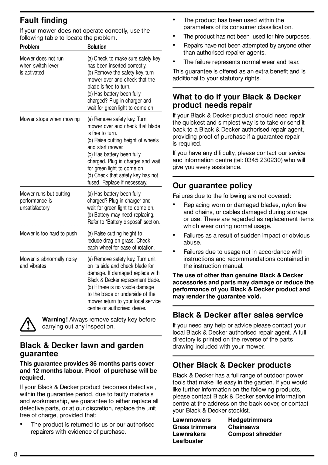 Black & Decker GRC730 manual Fault finding, Black & Decker lawn and garden guarantee, Our guarantee policy 