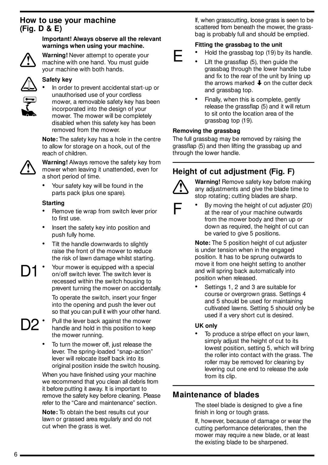 Black & Decker GRC730 manual How to use your machine Fig. D & E, Height of cut adjustment Fig. F, Maintenance of blades 