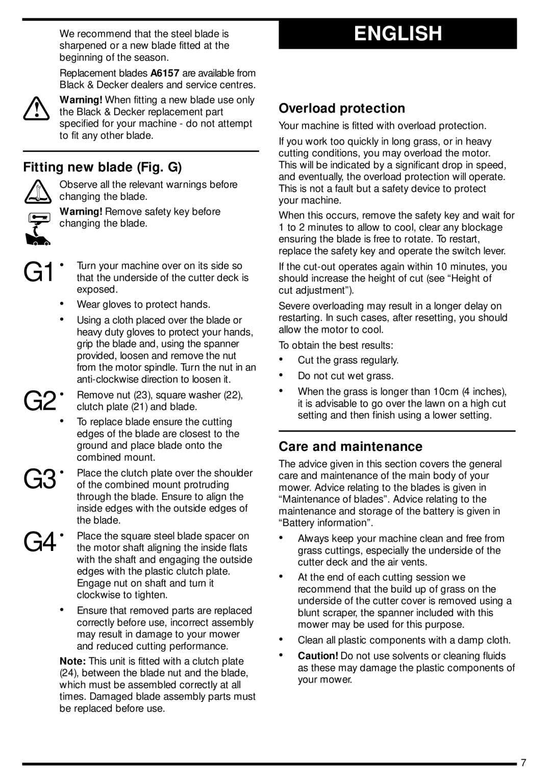 Black & Decker GRC730 manual Fitting new blade Fig. G, Overload protection, Care and maintenance 