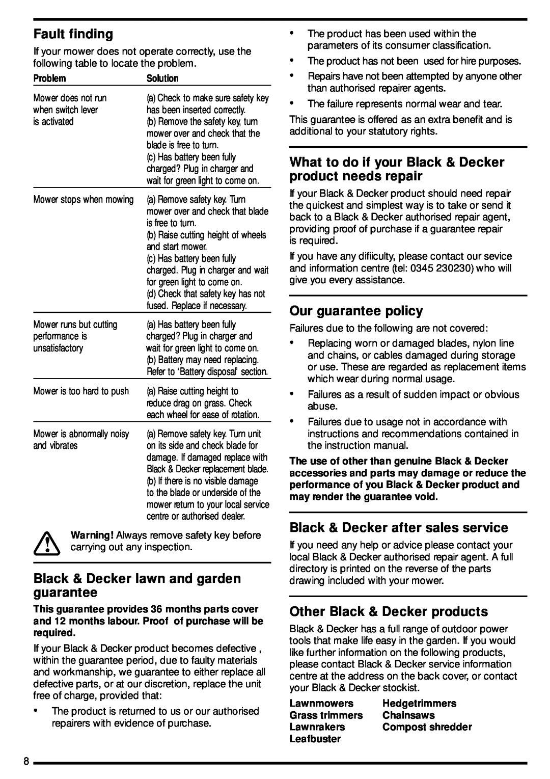 Black & Decker GRC730 manual Fault finding, Black & Decker lawn and garden guarantee, Our guarantee policy 