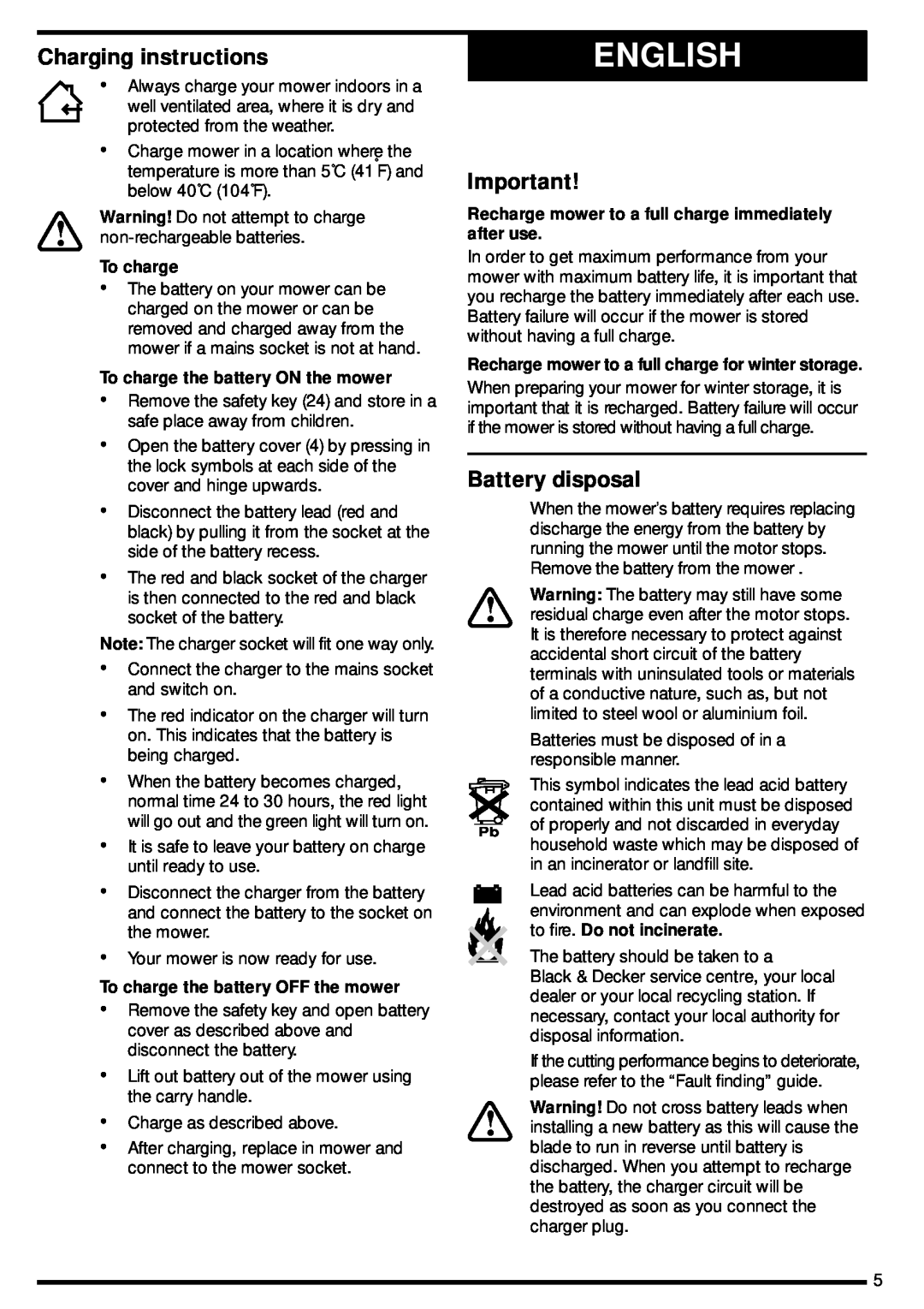 Black & Decker GRC730 manual English, Charging instructions, Battery disposal 