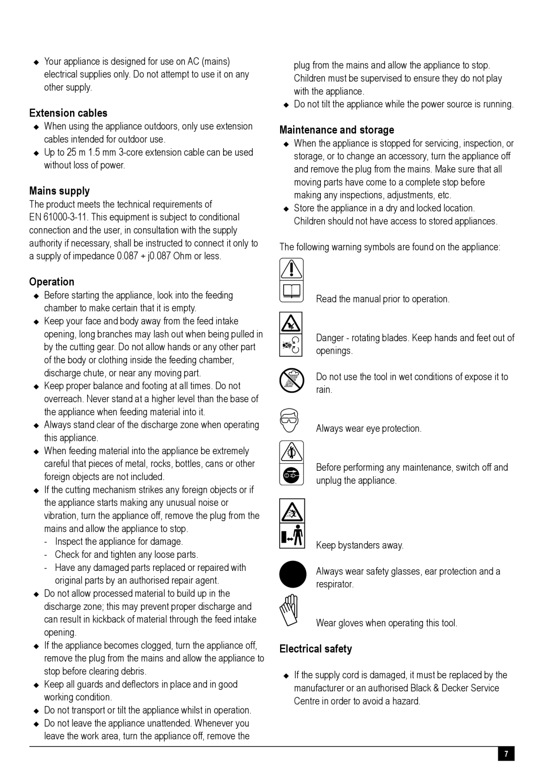 Black & Decker GS2400 manual Extension cables, Mains supply, Operation, Maintenance and storage, Electrical safety 