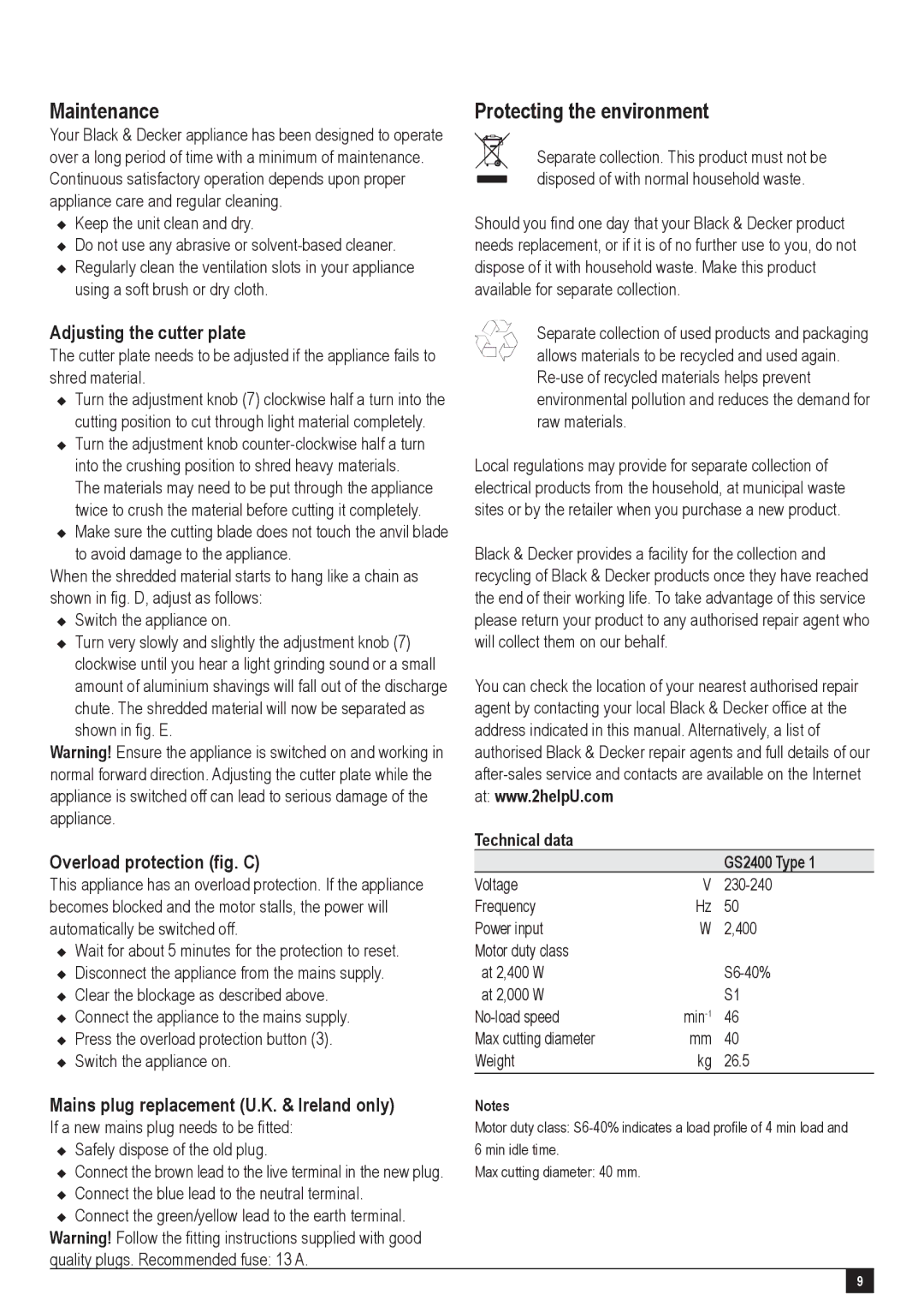 Black & Decker GS2400 Maintenance, Protecting the environment, Adjusting the cutter plate, Overload protection fig. C 