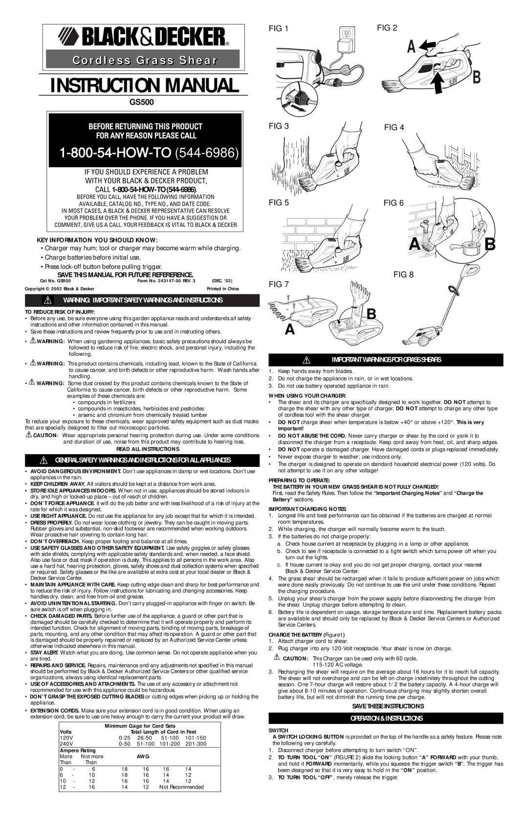 Black & Decker 243147-00 instruction manual To Reduce Risk of Injury, Read ALL Instructions, Awg, When Using Your Charger 