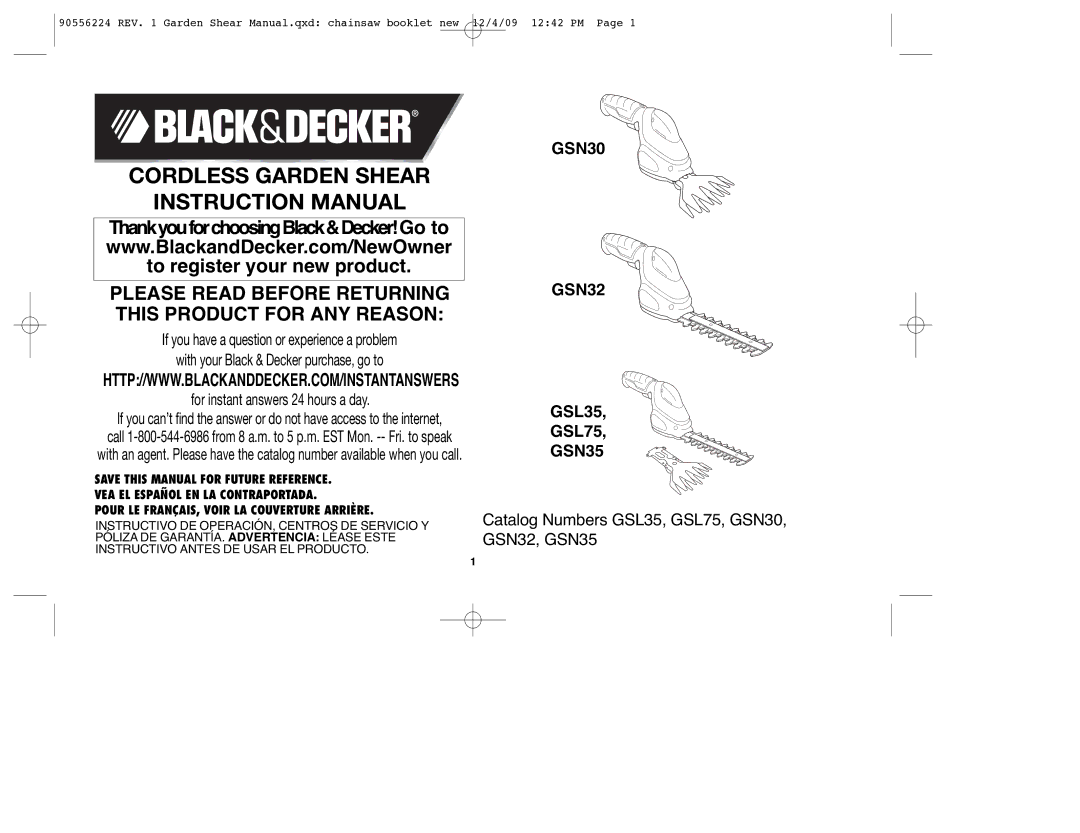 Black & Decker GSN32, GSL35, GSN30, GSN35, GSL75 instruction manual Cordless Garden Shear 