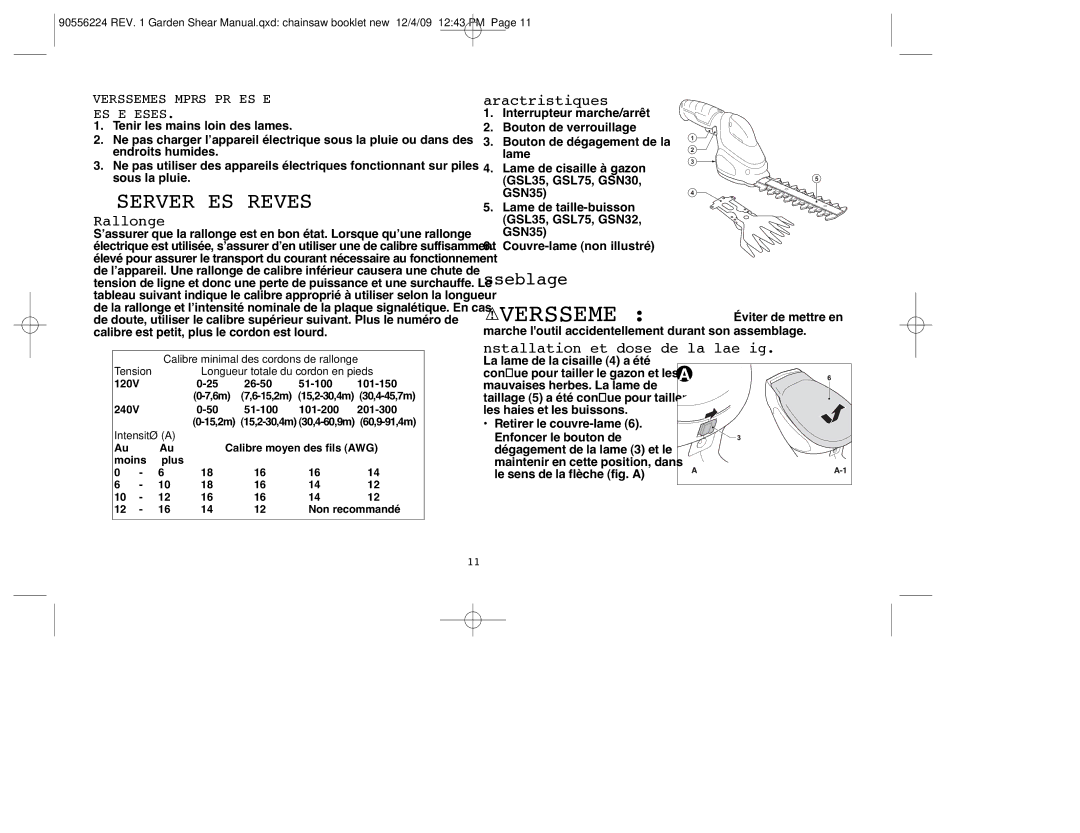 Black & Decker GSN32, GSL35, GSN30 Assemblage, Rallonge, Caractéristiques, Installation et dépose de la lame fig. A, B, C 