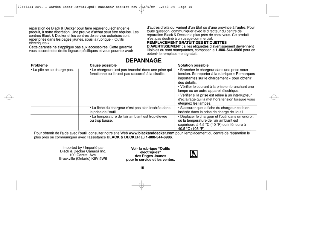 Black & Decker GSL35, GSN32, GSN30, GSN35, GSL75 instruction manual Depannage, Problème Cause possible Solution possible 