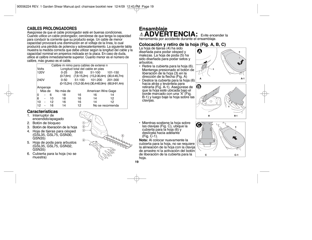 Black & Decker GSL75, GSL35 Ensamblaje, Colocación y retiro de la hoja Fig. A, B, C, Características, Cables Prolongadores 