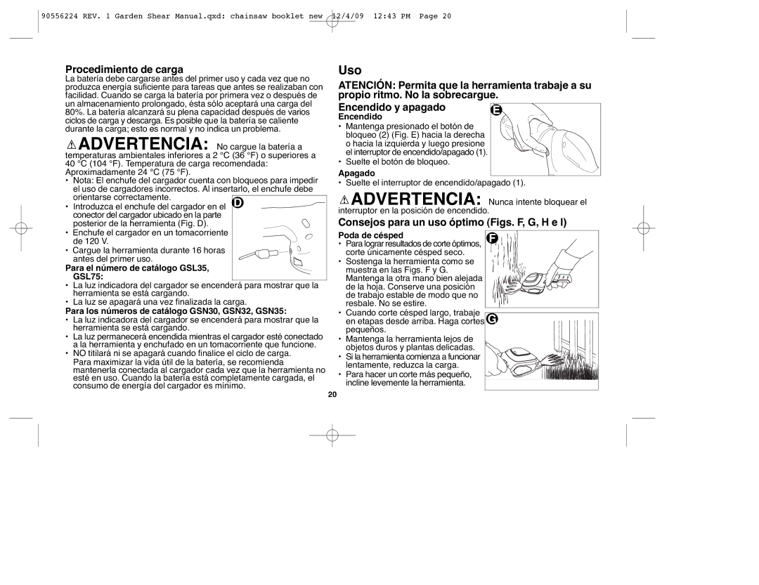 Black & Decker GSL35, GSN32, GSN30, GSN35, GSL75 Uso, Procedimiento de carga, Consejos para un uso óptimo Figs. F, G, H e 