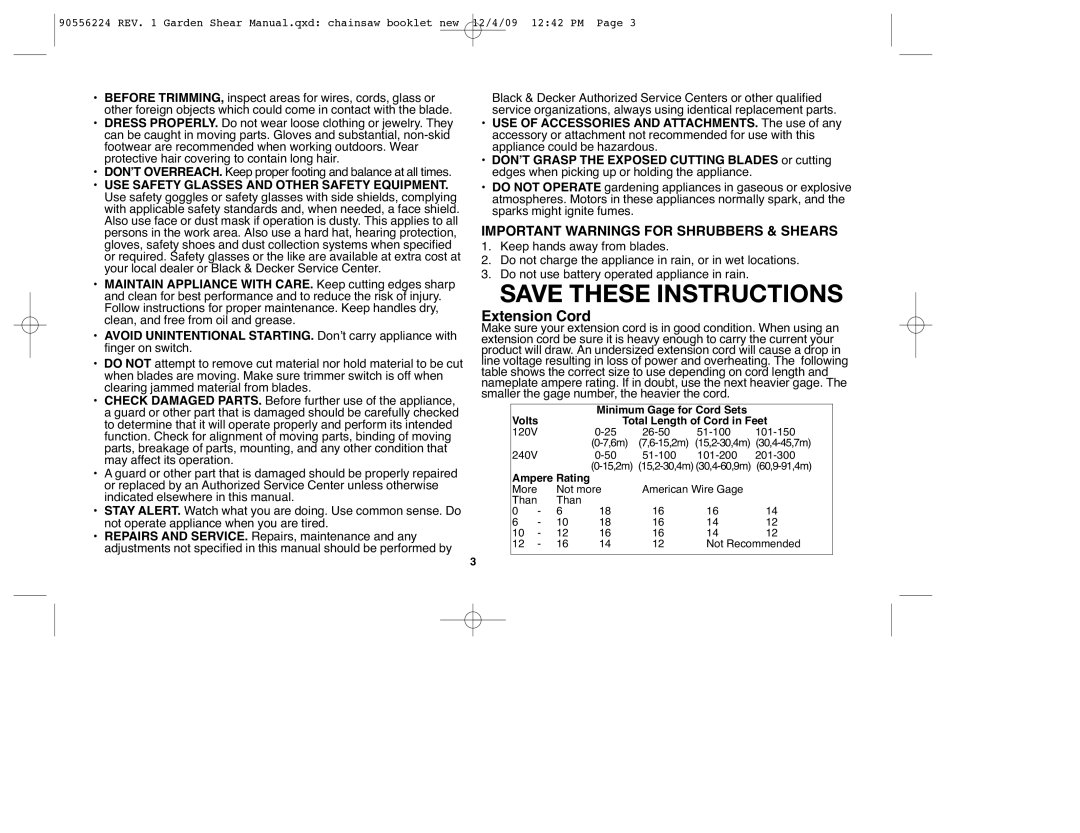 Black & Decker GSN35, GSL35, GSN32, GSN30, GSL75 instruction manual Extension Cord, Important Warnings for Shrubbers & Shears 