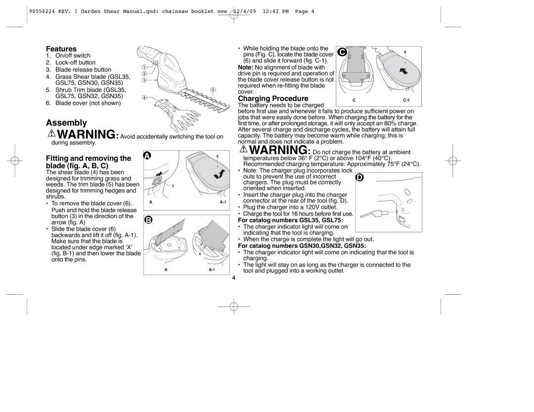 Black & Decker GSL75, GSL35, GSN32 Assembly, Features, Charging Procedure, Fitting and removing the a blade fig. A, B, C 