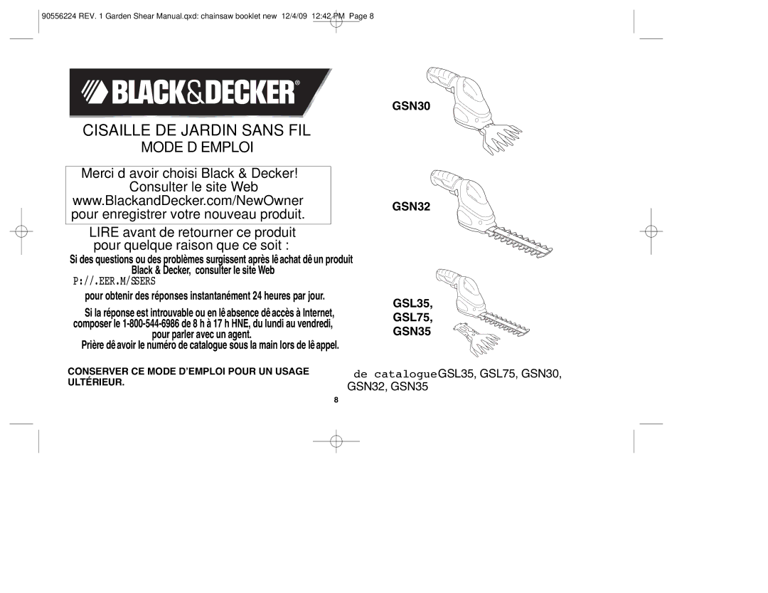 Black & Decker GSN35, GSL35, GSN32, GSN30, GSL75 instruction manual Cisaille DE Jardin Sans FIL 