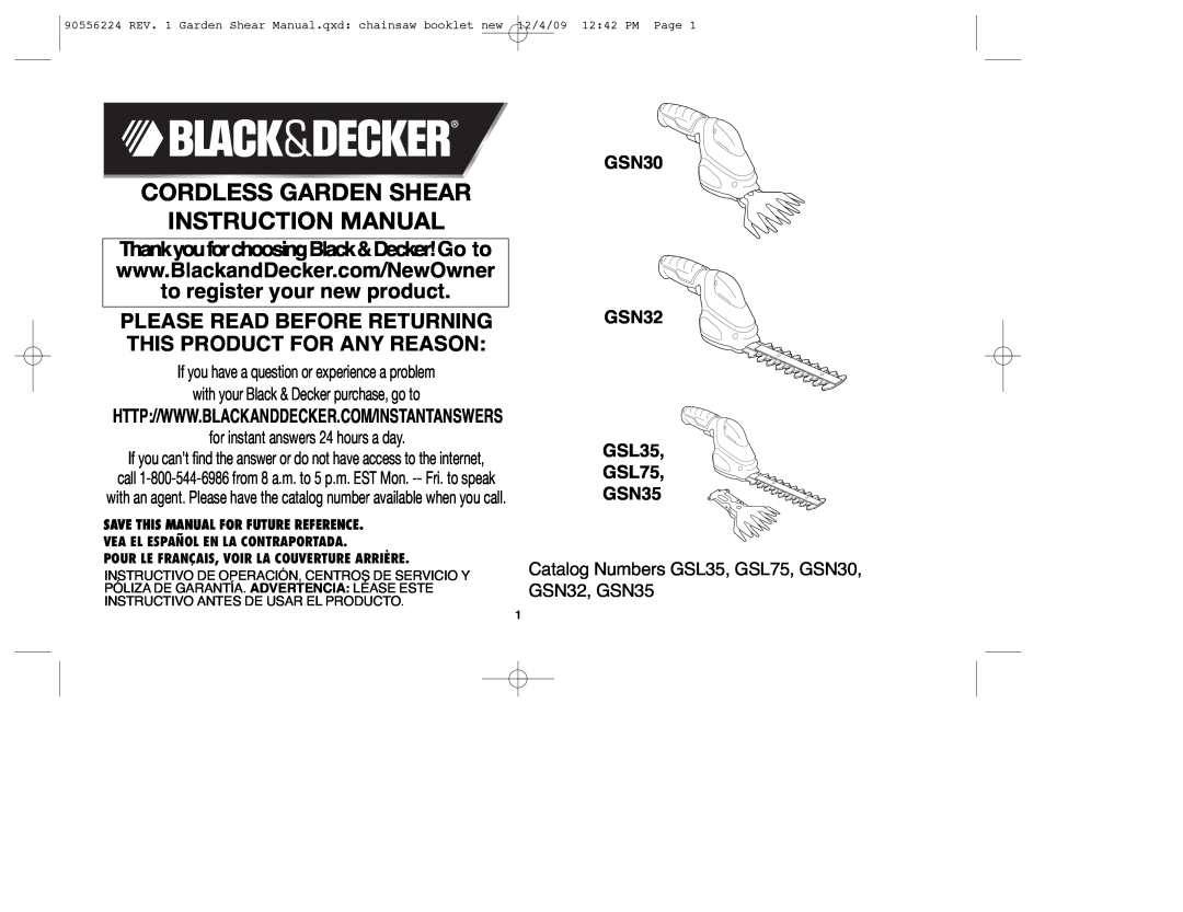 Black & Decker instruction manual GSN30 GSN32 GSL35 GSL75 GSN35, Catalog Numbers GSL35, GSL75, GSN30, GSN32, GSN35 