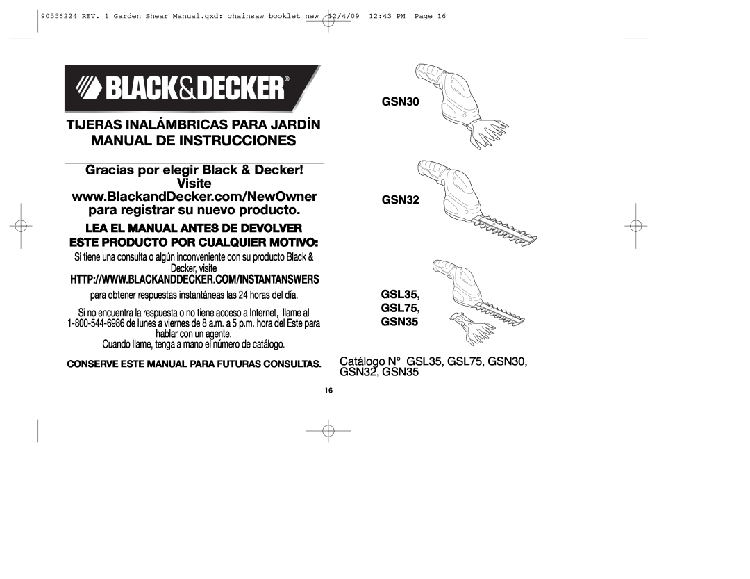 Black & Decker GSN32 Manual De Instrucciones, Tijeras Inalámbricas Para Jardín, Gracias por elegir Black & Decker Visite 