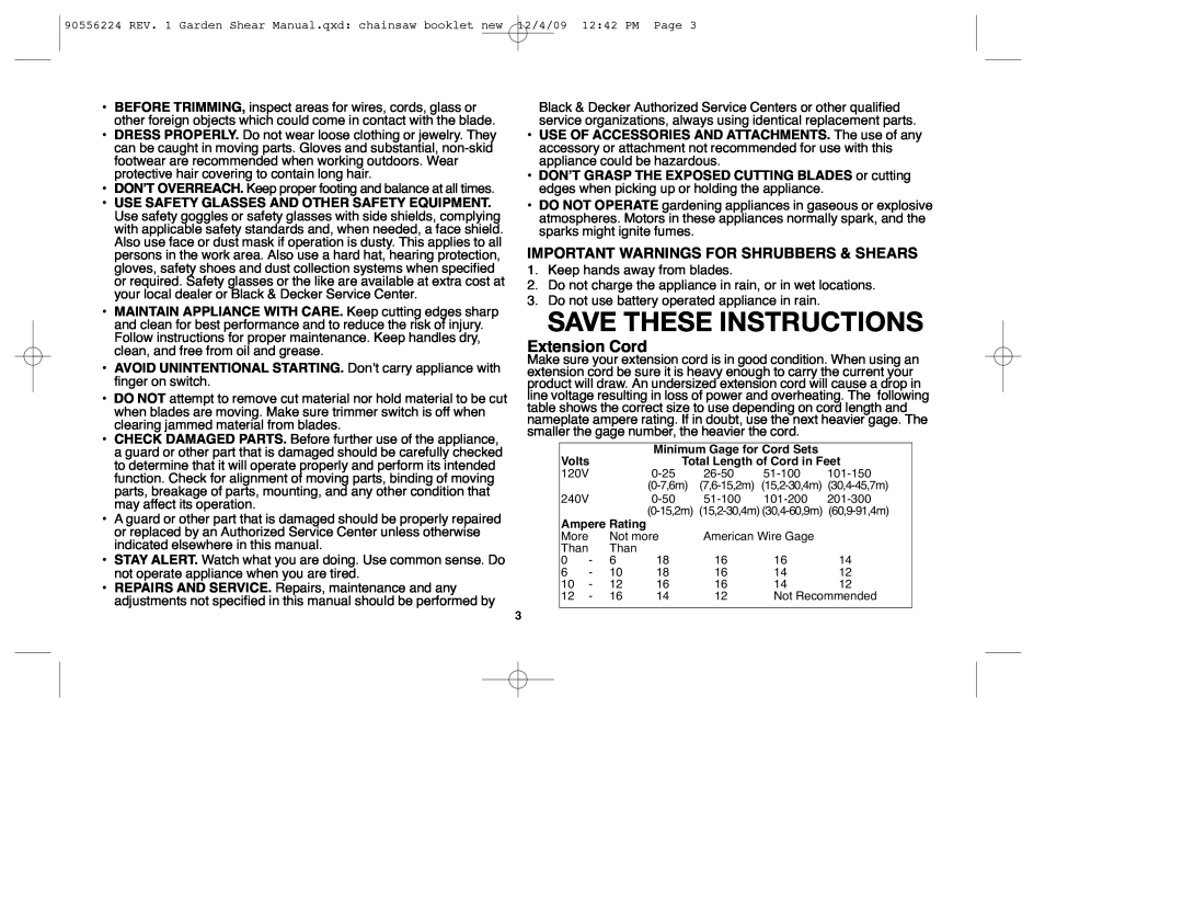 Black & Decker GSN35, GSL35, GSN32, GSN30 Extension Cord, Important Warnings For Shrubbers & Shears, Save These Instructions 