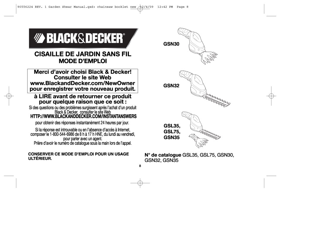 Black & Decker GSN35 Cisaille De Jardin Sans Fil, Mode D’Emploi, Merci d’avoir choisi Black & Decker Consulter le site Web 
