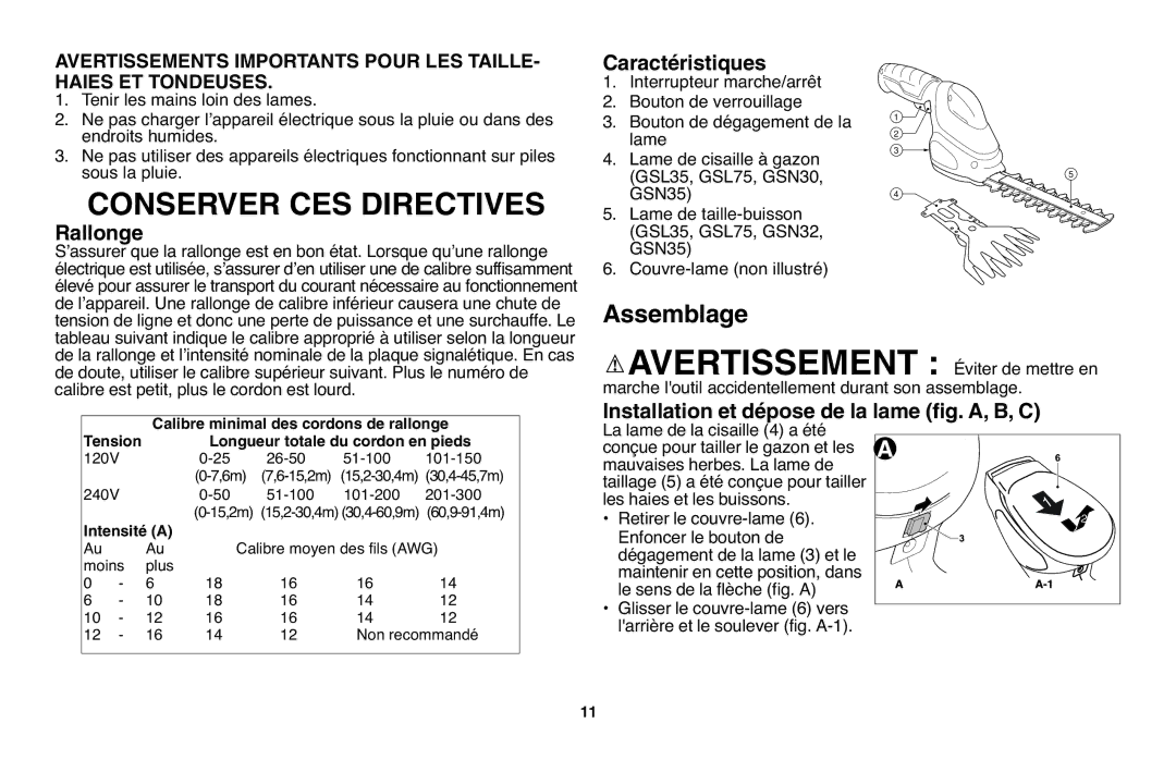 Black & Decker GSL35 Assemblage, Installation et dépose de la lame fig. A, B, C, Avertissement Éviter de mettre en 