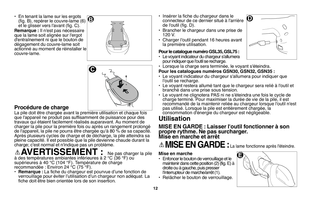 Black & Decker Utilisation, Pour le c taloguen méroGSL35,GSL75, Pour les catalogu s numéros GSN30, GSN32, GSN35 