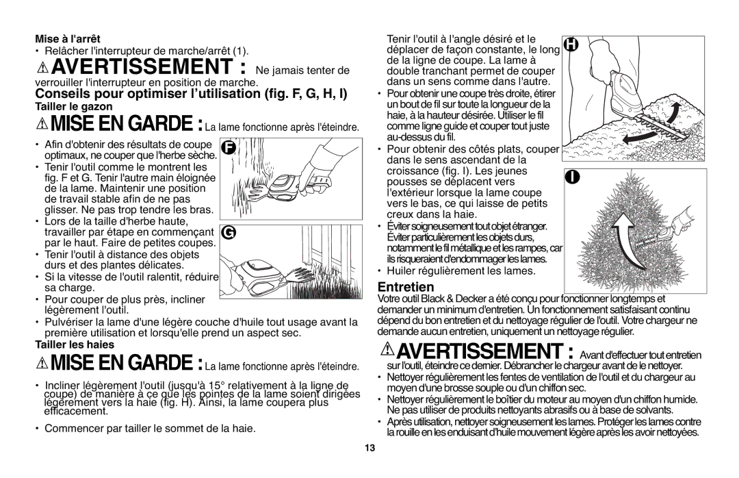 Black & Decker GSL35 instruction manual Entretien, Conseils pour optimiser l’utilisation fig. F, G, H, Tailler les haies 