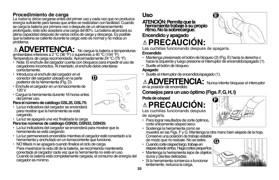 Black & Decker GSL35 Uso, Proc dimiento de carga, Encendidoy apagado, ConsejosparaunusoóptimoFigs.F,G,H,I 