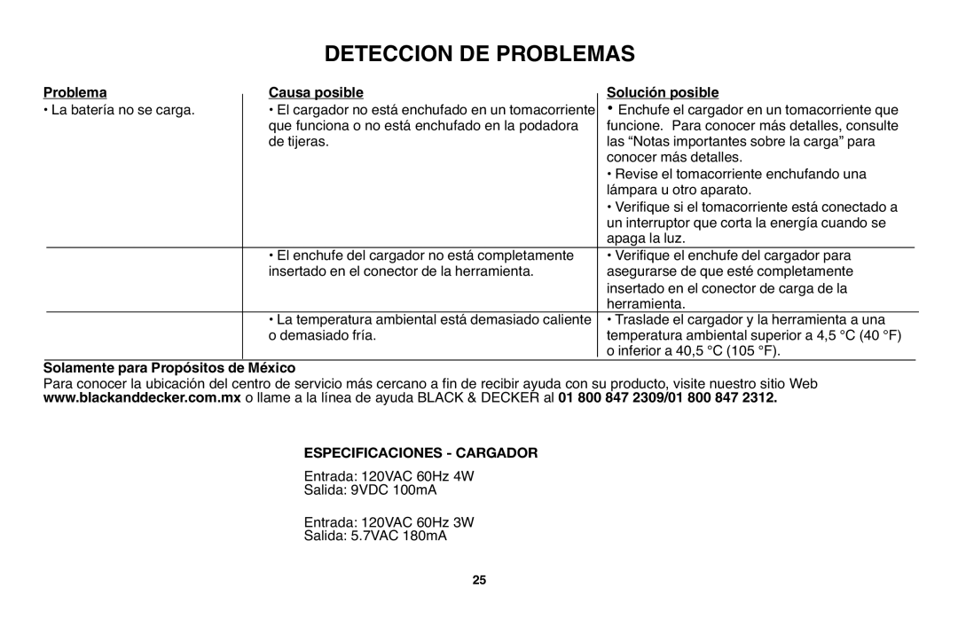 Black & Decker GSL35 instruction manual La batería no se carga, Enchufe el cargador en un tomacorriente que 