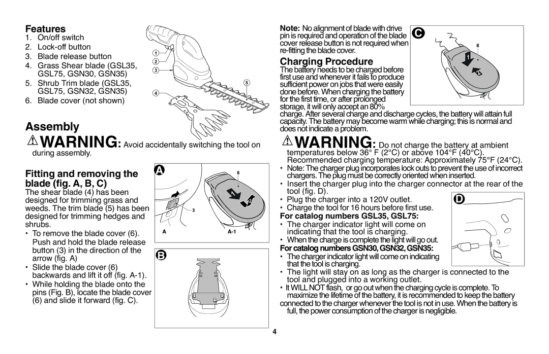 Black & Decker Assembly, Charging Procedure, For catalo Numbers GSL35, GSL75, For catalo Numbers GSN30,GSN32,GSN35 