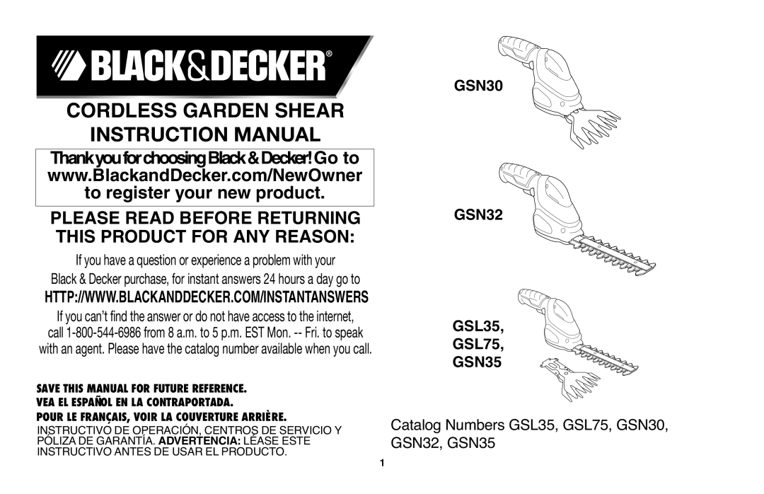 Black & Decker instruction manual GSN30 GSN32 GSL35 GSL75 GSN35, Catalog Numbers GSL35, GSL75, GSN30, GSN32, GSN35 
