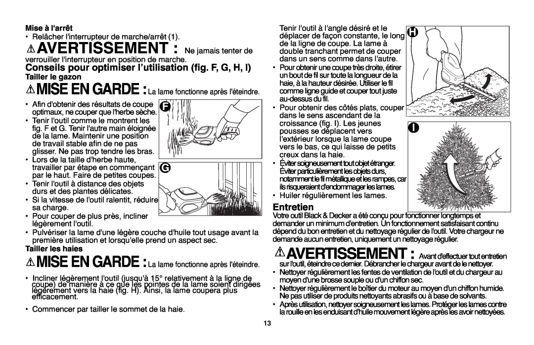 Black & Decker GSL35 instruction manual Entretien, Conseils pour optimiser l’utilisation fig. F, G, H, Tailler les haies 